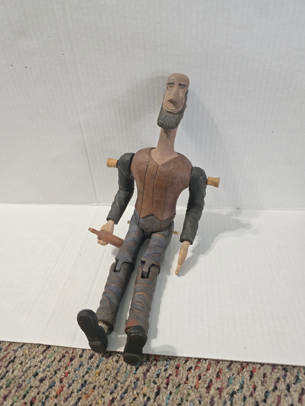 Hand Carved Wood Puppet Marionette Doll Bearded Man Bottle In Hand No Strings